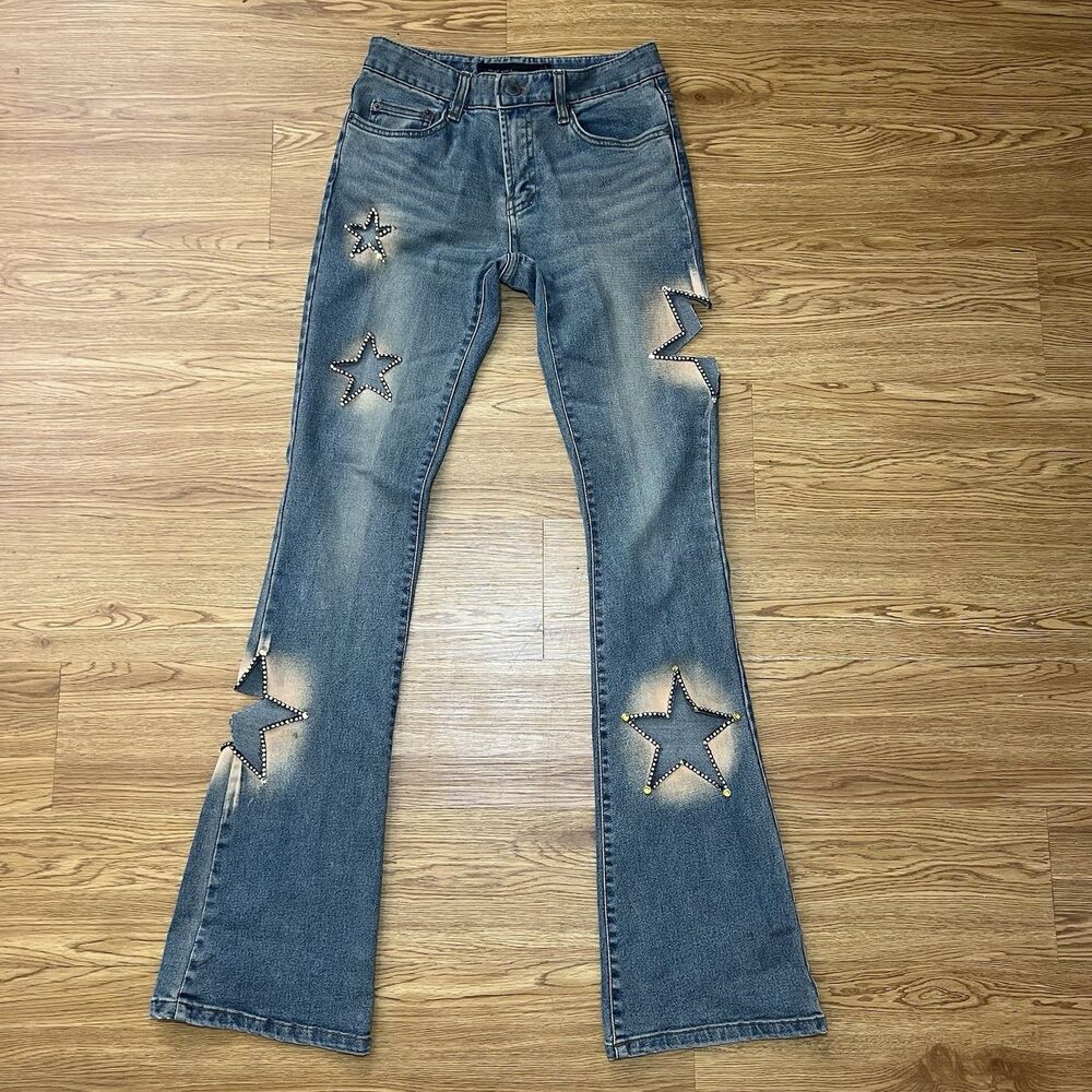 Vtg Y2K Hot Pepper Jeans Star Cutout Rhinestone Studded Flare Womens Sz 26 Flaws